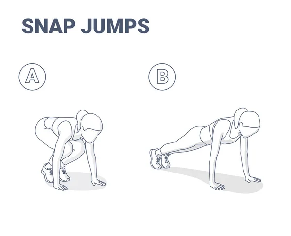Snap Jumps Home Workout Vrouwelijke oefening gids Zwart-wit Illustratie. — Stockvector