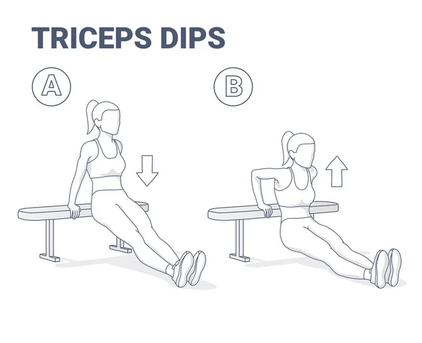 Bench Triceps Dips ženské cvičení průvodce černobílé ilustrace. — Stockový vektor