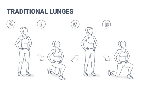 Lunges Female Home Workout Übung Schwarz-Weiß-Leitfaden Illustration. — Stockvektor