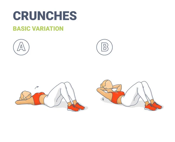 Crunch Female Home Workout Guía de ejercicios Ilustración Concepto colorido. — Archivo Imágenes Vectoriales