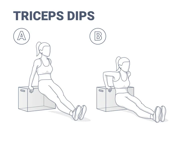 Triceps Dips Kvinna Home Workout Motion Blakc och White Guide Illustration. — Stock vektor