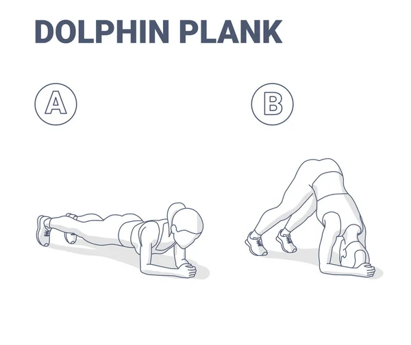 Dolfijn Plank Vrouw Home Workout Exercise Guide Outline Concept. — Stockvector