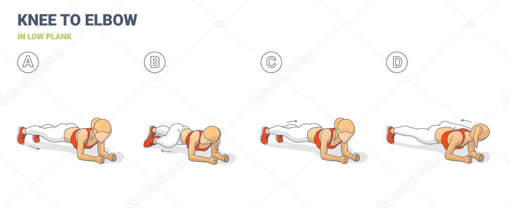 Knee to Elbow in Low Plank Female Home Workout Exercise Guidance Illustration