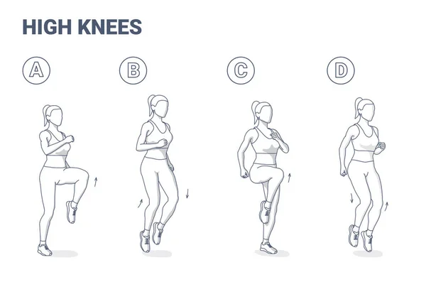 높은 무릎 운동 여자 만화 벡터 일러스트 개념. — 스톡 벡터