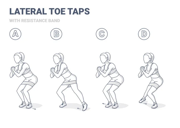 Lateral Toe Taps mit Resistance Band Girl Home Workout Übungsanleitung. — Stockvektor