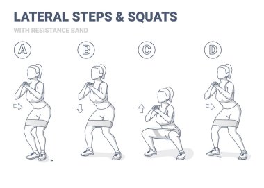 Lateral Walk and Squats with Resistance Band Girl Egzersiz Gudance. Yan Basamaklar ve Ev Çalışması İllüstrasyonu