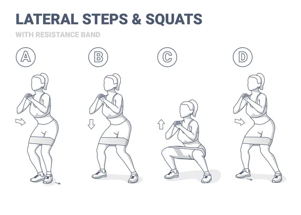 Lateral Walk and Squats met verzetsband Girl Exercise Gudance. Side Steps en Squating Home Workout Illustratie — Stockvector