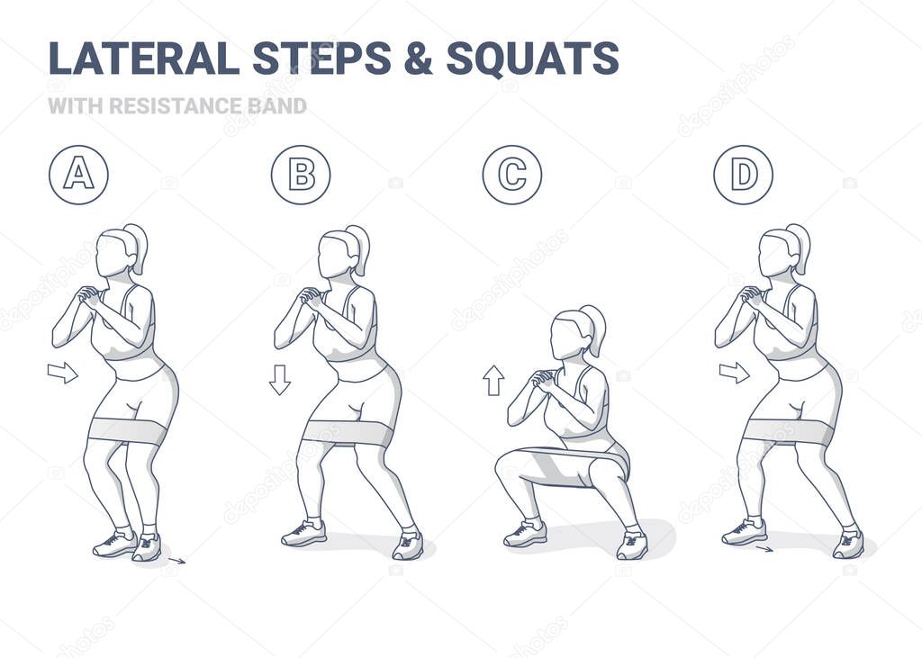 Lateral Walk and Squats with Resistance Band Girl Exercise Gudance. Side Steps and Squating Home Workout Illustration