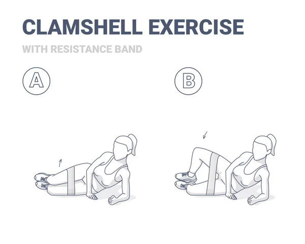 Clamshell con banda de resistencia Inicio Entrenamiento Deporte Exersice Guía Esquema Concepto — Archivo Imágenes Vectoriales
