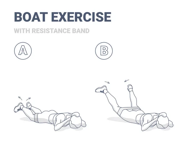 Back Boat with Resistance Band Home Workout Motion illustration. Begreppet flickor styrketräning med elastiskt band. — Stock vektor