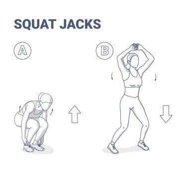 Squat Jacks veya Star Squats Ev Çalışması Kadın Egzersiz Çizimi