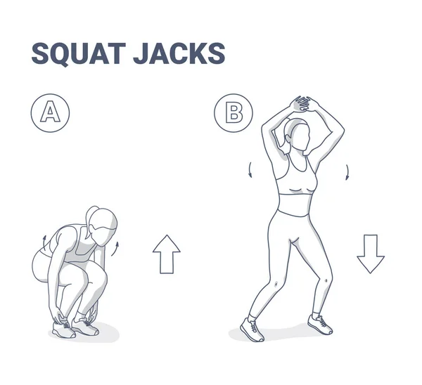 Squat Jacks or Star Squats Home Workout Γυναικείος Οδηγός Άσκησης Εικονογράφηση — Διανυσματικό Αρχείο
