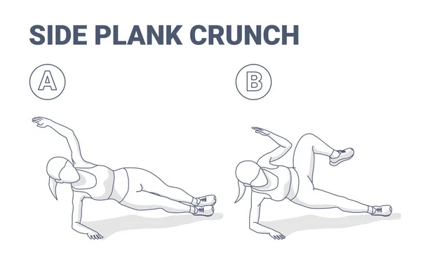 Side Plank Crunch Nő Home Edzés Gyakorlati útmutató Illusztráció vázlatos koncepció — Stock Vector