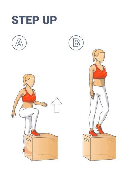 Step Up Übung für weibliches Heimtraining Bunte Illustration Anleitung — Stockvektor