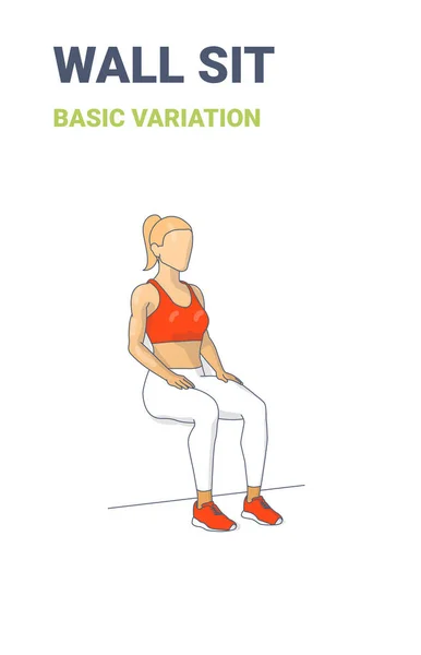 Wall Sit Frau Home Workout Übungsanleitung Bunt Sport Konzept Illustration. — Stockvektor