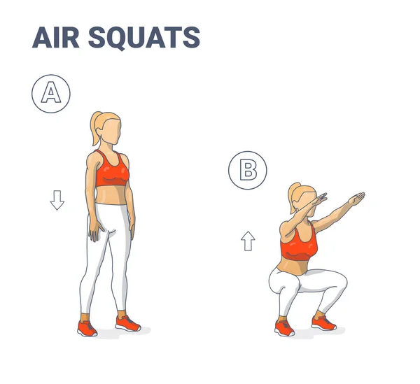 Flicka gör Air Squats Motion Home Workout Guidance. — Stock vektor