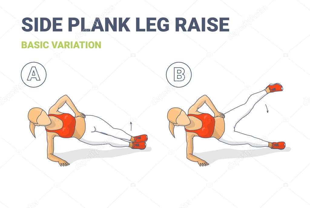 Side Plank Leg Raise Female Home Workout High Intensity Exercise Guide Colorful Concept