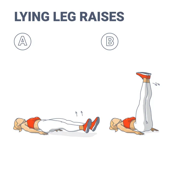 Lying Leg soulève Female Home Workout Exercise Guidance. Jeune fille athlétique levant les deux jambes allongées sur le sol. — Image vectorielle