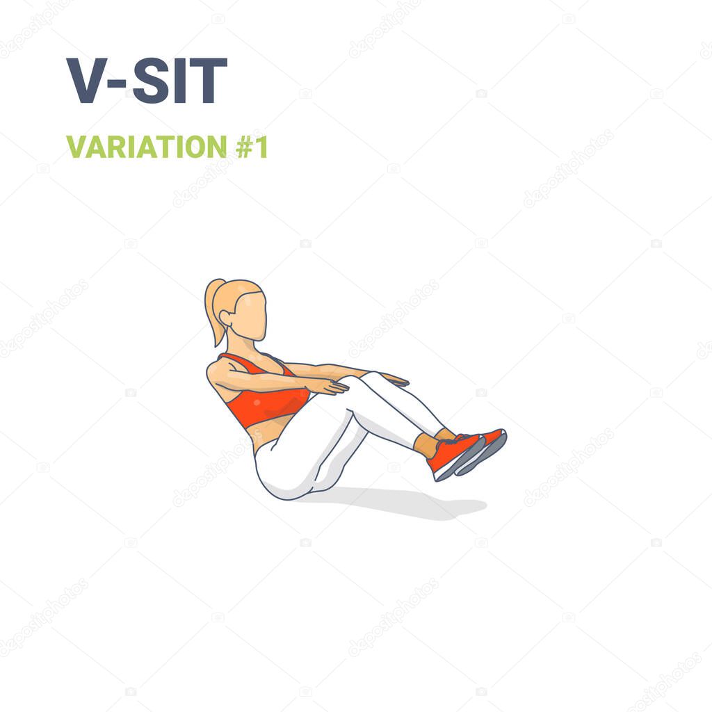 V-Sit Female Home Workout Exercise Guide Illustration Colorful Concept or Boat Yoga Pose