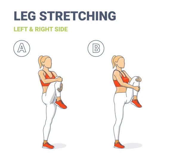 Standing Gluteus Maximus Stretch Girl Home Workout Exercise Guide. Femme doig détente jambe étirement. — Image vectorielle