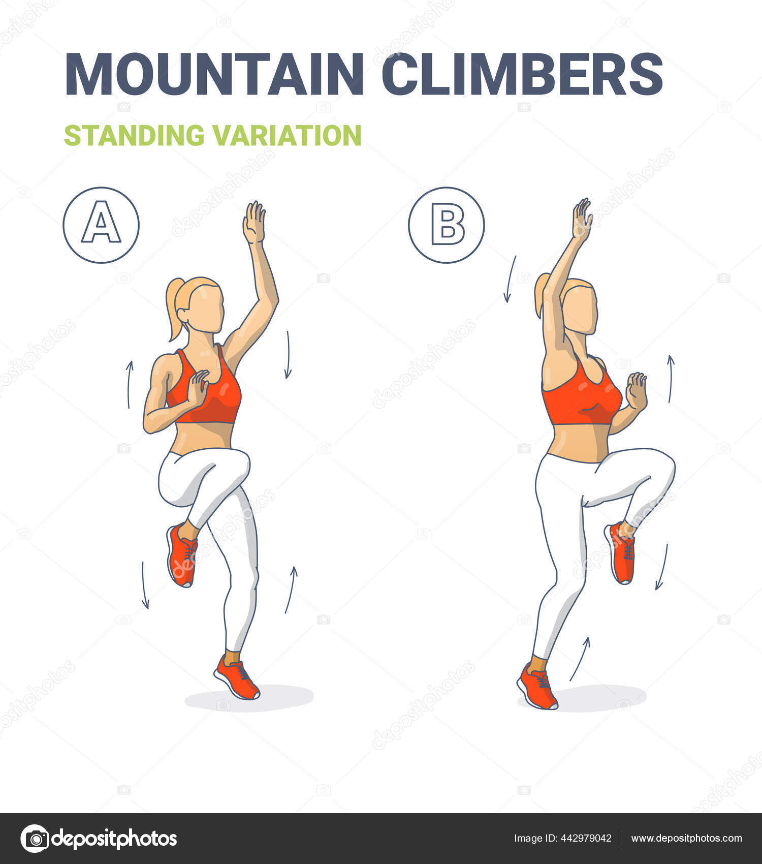 Guide d'exercice à la maison pour les alpinistes debout. Femme levant les  genoux, allongeant les bras pendant les secousses physiques. Vecteur par  ©bulgakov.oleksii 442979042
