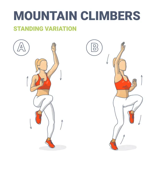 Standing Mountain Climbers Girl Guía de ejercicios para el hogar. Mujer levantando rodillas, extendiendo brazos durante tirones físicos. — Vector de stock