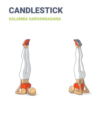 Kadın şamdan ev antrenmanı rehberliği Calamba Sarvangasana yoga renkli vektör çizimi