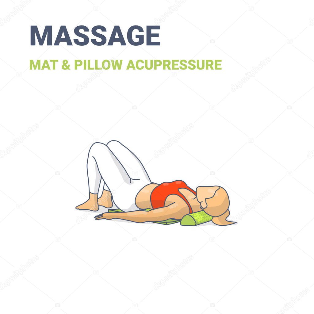 Female lying on an acupressure mat and pillow. Concept of a woman relaxing at home on a massage mat and yoga pillow.