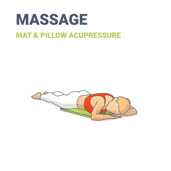 Female lying on her stomach on an acupressure mat. Concept of a woman relaxing at home on a massage mat.