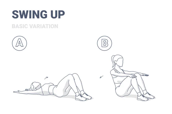 Swing Up with Knees Bent Female Home Workout Exercise Guide Esquema Concepto de ilustración. Chica trabajando en sus abdominales. — Archivo Imágenes Vectoriales