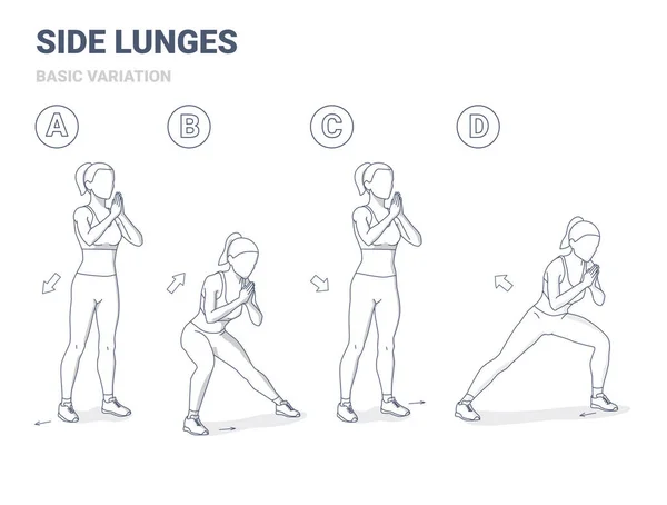 Orientation pour l'exercice Side Lunges Girl. Lunges latérales maison perte de poids exercice illustration d'exercice. — Image vectorielle