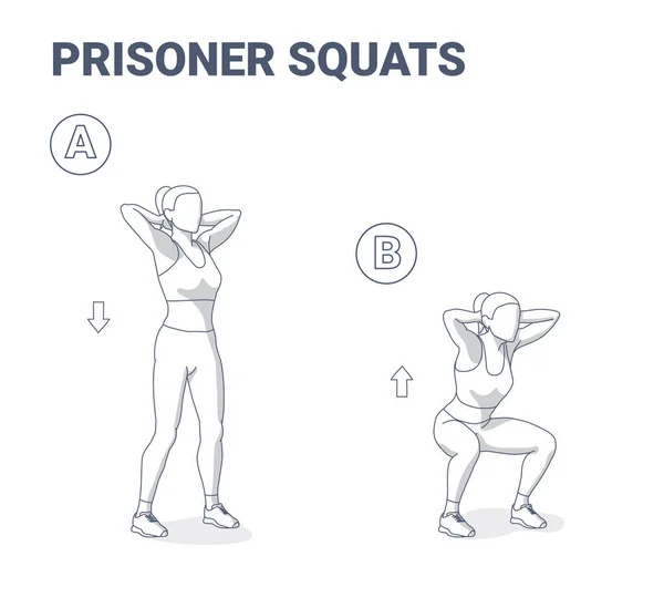 Prisoner Squats Female Home Workout. Squatting Athletic Young Woman in Sportswear Does Exercise Working on Her Butt. — Stock Vector