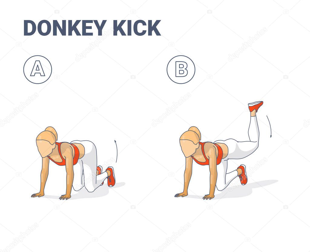 Donkey Kick Female Home Workout Exercise Guide Illustration. Colorful Concept of Young Woman Kick Back and Up Workout.