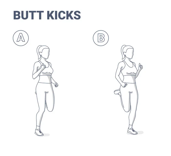 But Kickcs Woman Home Workout Exercise Guidance. Young Athletic Girl Doing Kick Butt or Bum Kicks Outdoors Workout. — Stockvektor