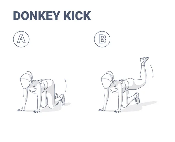 Donkey Kick Kvinna Hem Träning Träningsguide Illustration. Begreppet ung kvinna sparka tillbaka och upp träning. — Stock vektor