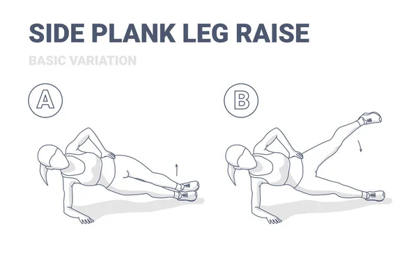 Side Plank Leg Raise Kobieta Strona główna Trening High-Intensity Exercise Guide Ilustracja. Kobieta pracująca nad swoimi nogami i Abs. — Wektor stockowy