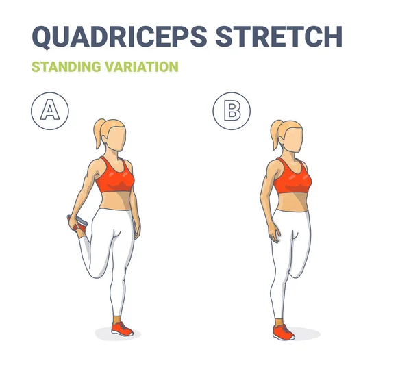 Quadrizeps Stretch Women Home Workout Übungsanleitung im Stehen. Junge Athletin in Sportbekleidung. — Stockvektor