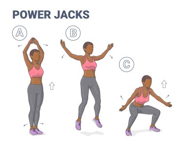Power Jacks Siyah Kız Egzersizleri Spor Rehberi. Afrikalı Amerikalı genç kadın güç atlaması.