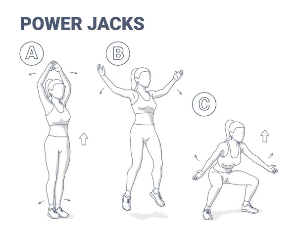 Power Jacks Exercise Girl Home Workout Guidance. Junge Frau in Sportkleidung macht Sprünge. — Stockvektor