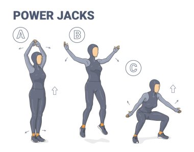 Power Jacks müslüman kız antrenman rehberliği yapıyor. Sportif tesettürlü kadın Power Jumps yapıyor. .