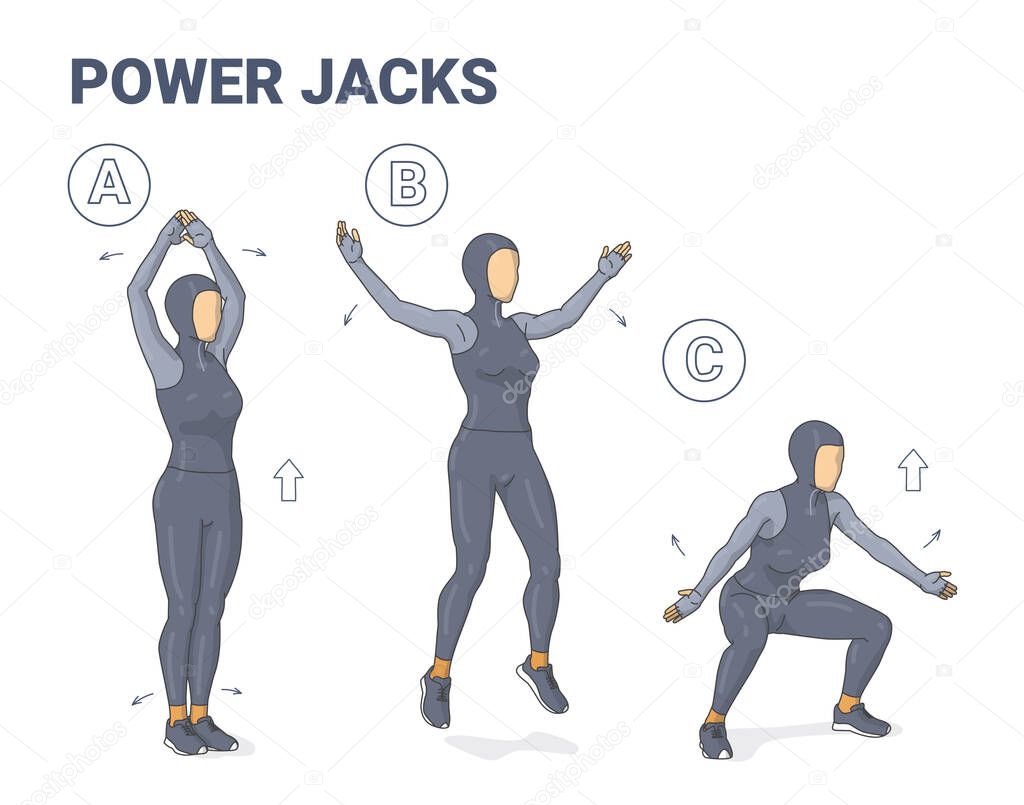 Power Jacks Exercise Muslim Girl Home Workout Guidance. Woman in sporty hijab doing Power Jumps .