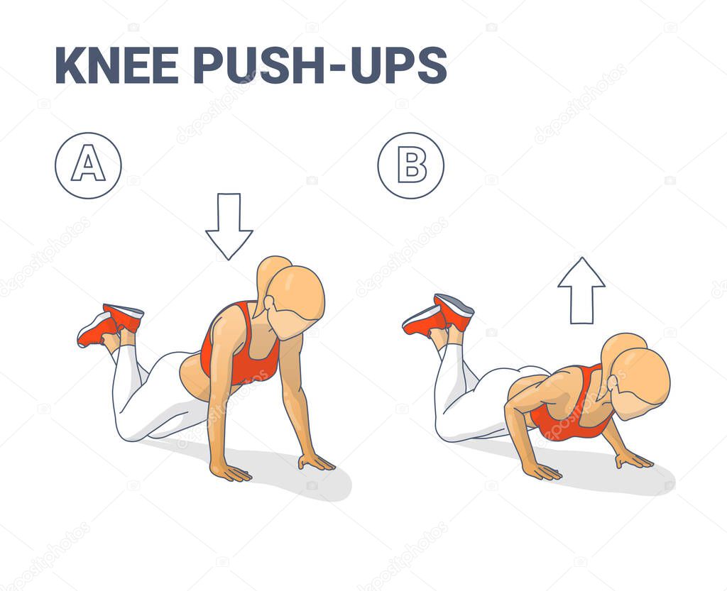 Knee Push-Ups Female Home Workout Exercise Guidance Illustration. Girl Working on Her Triceps