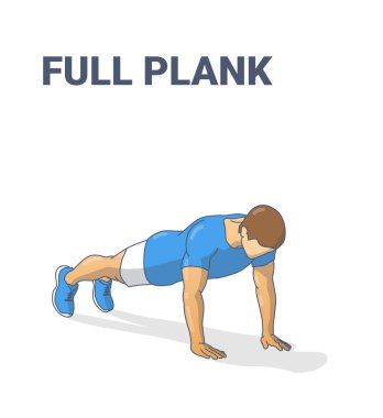 Tam Plank Erkek Egzersiz Yönlendirme Çizimi. Evde karın kasları üzerinde çalışan sporcu..