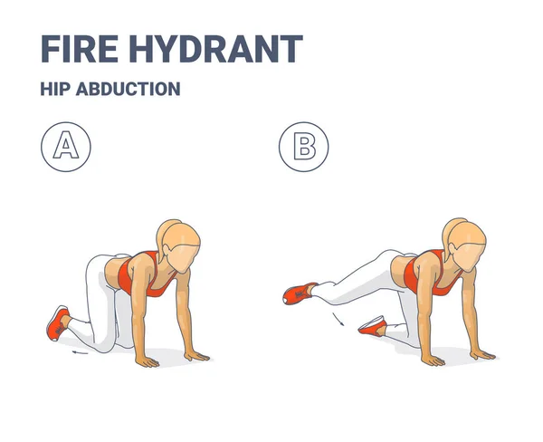 Fire Hydrant Motion, Kvinna Home Workout Routine Guidance eller Hip Abduction Women fitness motion. — Stock vektor