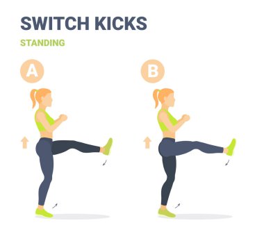 Kicks Girl Home Egzersiz Kılavuzunu Değiştir. Atletik Kadın Tekmeleme Yapıyor, Bacak Değiştirme Rutini