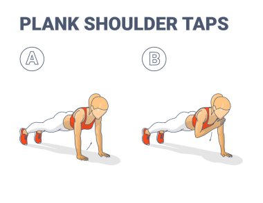 Plank Omuz Tamponu Kadın Antrenman Kılavuzu. Plank 'tan Omuz Dokunuşu Yapan Kadın.