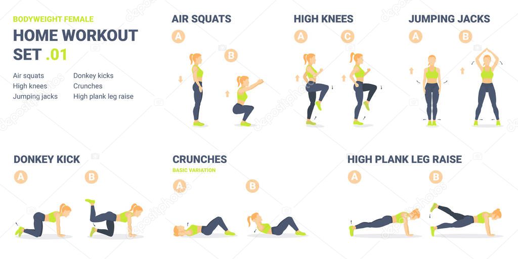 Home Workout Set. Set of Bodyweight Exercise Guidances for Female Home Workout without Equipment.