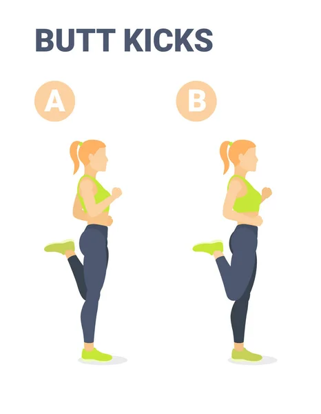 Butt Kickcs Female Home Workout Exercise Guidance. Athletic Girl Doing Bum Kicks Exercising Workout Concept. — Διανυσματικό Αρχείο