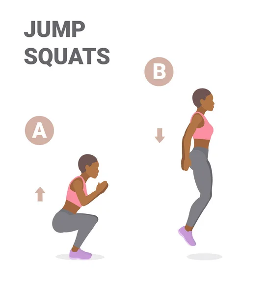 Afro-amerikanska flicka gör hoppa knäböj motion vägledning. Ung svart kvinna gör knäböj och hopp. — Stock vektor