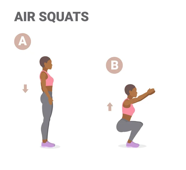 Chica afroamericana haciendo ejercicios de sentadillas aéreas Guía de entrenamiento en casa. Squatting joven negro mujer. — Vector de stock